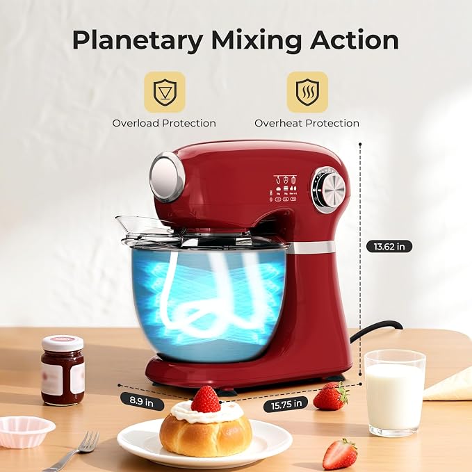 Stand Mixer,12 Speed Tilt-Head Electric Mixer With 5.3 Quart Stainless Steel Mixing Bowl, Portable Kitchen Mixer With Whisk, Dough Hook, Beater & Baking Spatula, Red