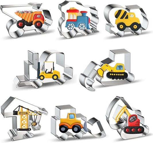 ZADE Construction Theme Bulldozer Cement Mixer Dump Truck Crane Excavator Forklift Train Cookie Cutters Set 8 Pcs Stainless Steel Cookie Biscuit Sandwich Mold Fondant Cutter for Baking