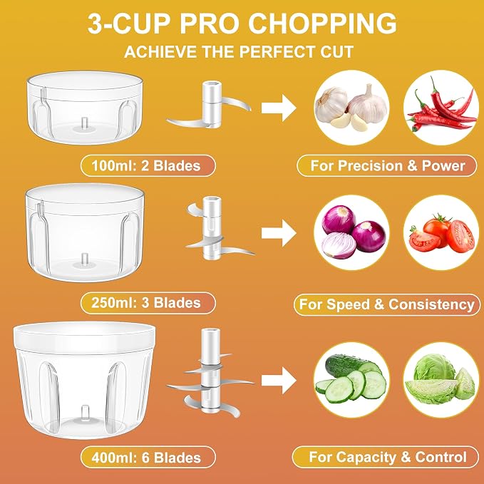 100+250+400ML Electric Garlic Chopper, 6 Blades Garlic Mincer, Mini USB Portable Vegetable Chopper, Onion Grinder, Small Food Processor for Ginger, Chili, Fruit, Meat