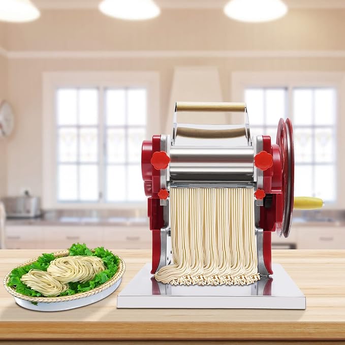 Manual Noodle Machine, Commercial Pasta Maker, Dough Sheeter Machine, Adjustable Thickness 0.5-5mm, Dough Roller Machine, Spaghetti Dough Machine for Home -Red