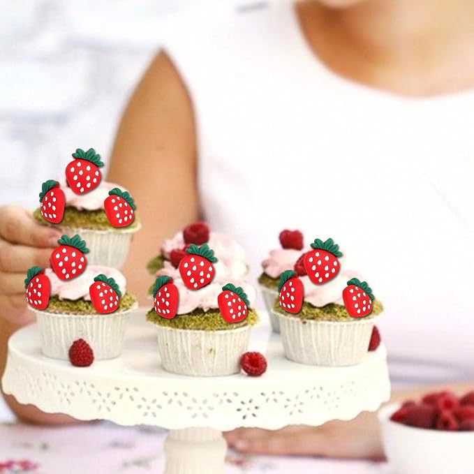 30 Pack Strawberry Cupcake Toppers Red Glitter Strawberry Cupcake Picks for Fruit Baby Shower Kids Birthday Summer Berry Cupcake Decorations Party Supplies
