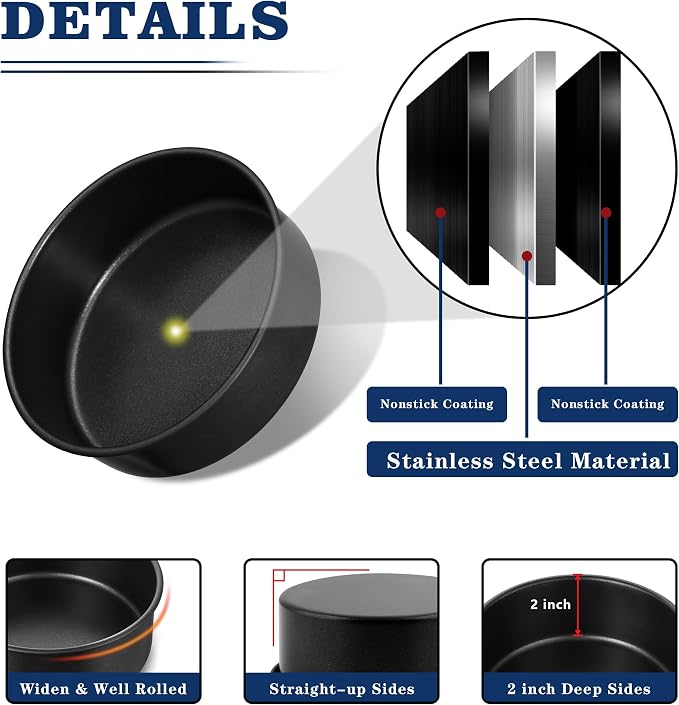 E-far 9 Inch Round Cake Pan Set of 3, Nonstick Stainless Steel Baking Pans Tin, Bakeware for Layer Cakes, Stainless Steel Core & Non-toxic Coating, Straight Side & 2 Inch Deep