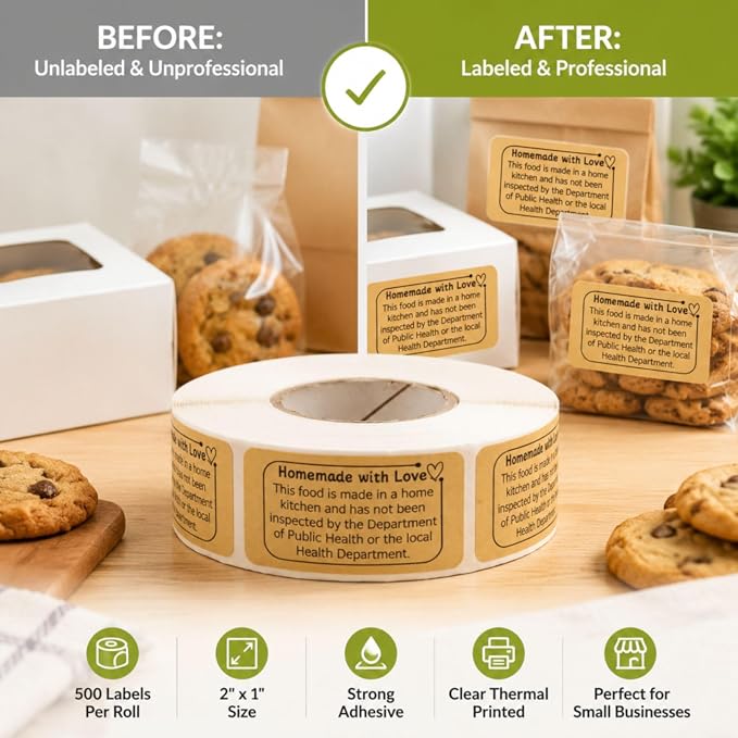 500PCS Cottage Food Law Labels Stickers, 2" x 1" Homemade Food Labels for Baked Goods, Cottage Law Labels for Home Bakery Supplies
