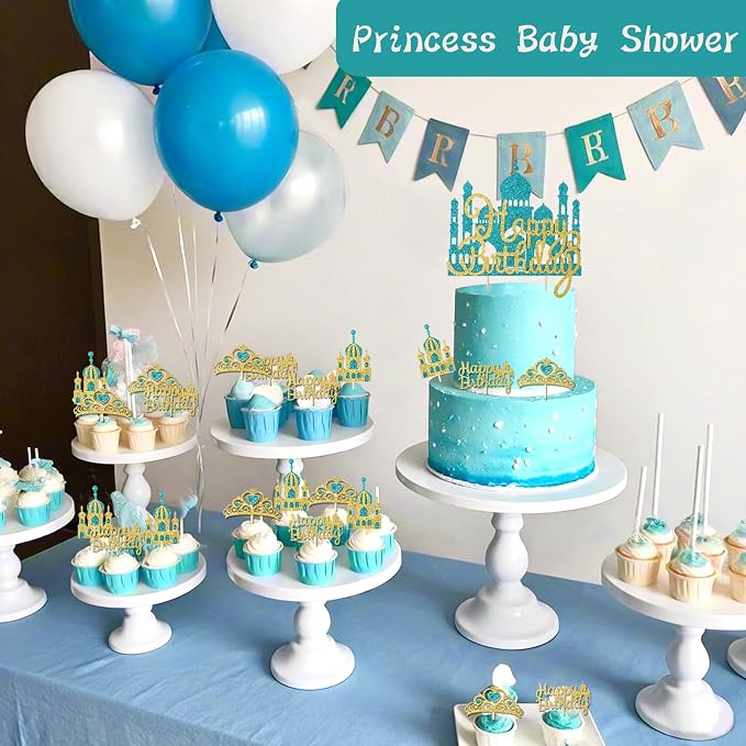 2Pcs Lake Blue Princess Cake Toppers Glitter Happy Birthday Cake Picks Castle Decorations for Girls Princess Birthday New Year Party Supplies