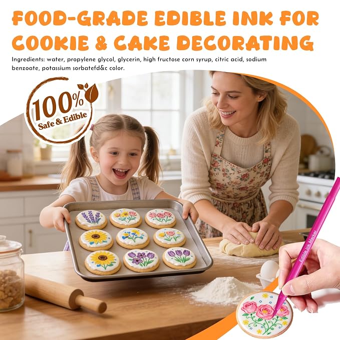 Jewem Edible Markers for Cookie Decorating, 14 Pcs Food Coloring Pens, Double-Sided Food Grade Pens with Fine & Thick Tip for Decorating Fondant, Cakes, Cookies, Icing, Frosting and Macarons