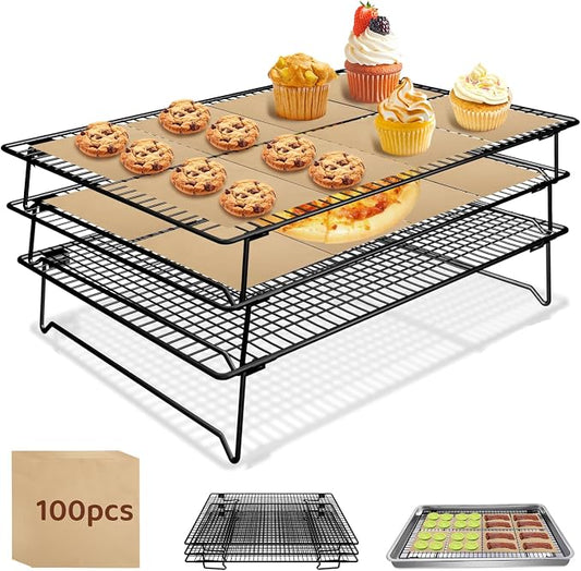 3 Tier 17" x 11" Cooling Rack for Cooking and Baking w/100 Papers | Drying Baking Rack for Baking Sheet, Stackable Cookie Cooling Rack for Pizza, Bread, Cake, Veggie, Jerky