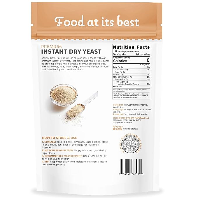 Quay Naturals Instant Dry Yeast 8 oz | Fast-Acting, No Proofing Needed | Ideal for Bread, Pizza, Bagels & Pastries | Gluten-Free, Non-GMO, Vegan Baking Essential