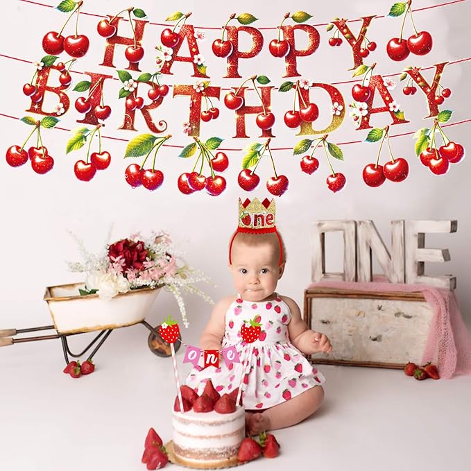 Zwiebeco Cherry Happy Birthday Party Decoration Banner Bunting Garland Hanging Paper for Sweet Girls Women Summer Fruit Themed Baby Shower Accessories Supplies