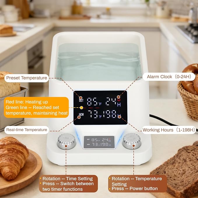 Sourdough Starter Warmer-Constant Temperature Water Bath Sourdough Warmer-1°F Precise Thermostat (70-104°F)-198H Memory Timer Smart Yeast Feeding Heater-Fits Jars Up to 40oz