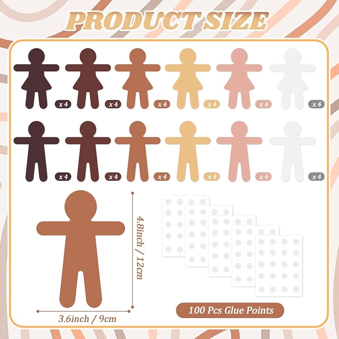 Vuzvuv 48Pcs 5In People Doll Shaped Paper Cutouts with 100Pcs Glue Points for Wall Bulletin Board Decorations, Blank Boys & Girls Cut Out for Classroom, DIY Crafts & Party Banners(Skin Color Style)