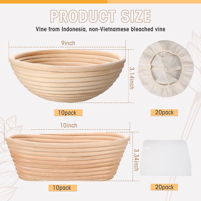 Gejoy 20 Sets Bread Proofing Baskets Bulk Banneton Dough Proofing Bowls Kit with Cloth Liner and Plastic Scraper Sourdough Basket for Home Sourdough Bakers(Round, Oval,9'', 10'')