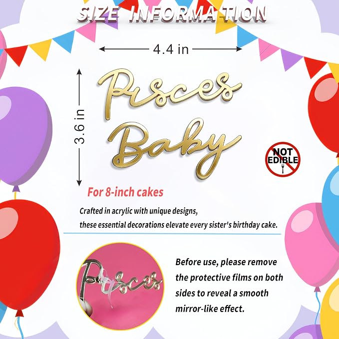 Pisces Cake Topper – Zodiac Birthday Decoration for Pisces Season, Horoscope Party Supplies for Baby or Adult Birthday (Pisces baby golden)