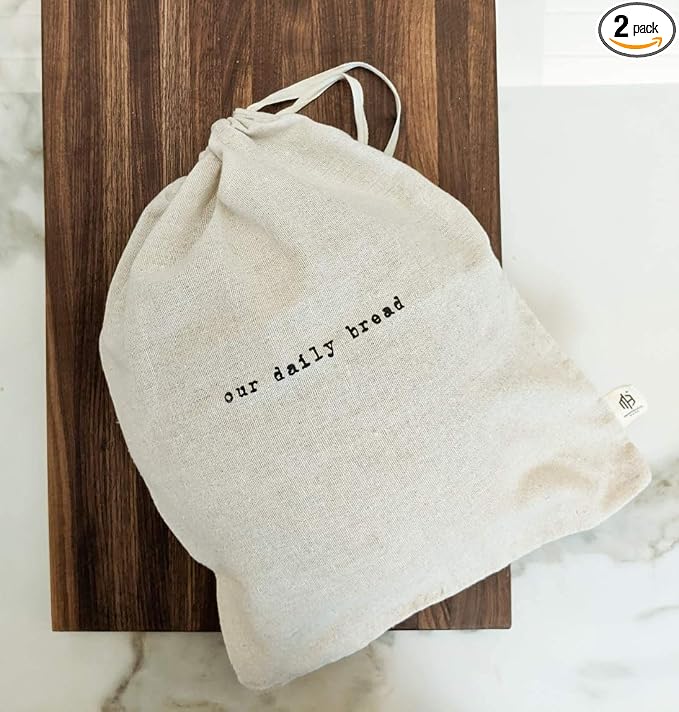 Our Daily Bread Set of 2 Natural Linen Bread Bags (15x12), Reusable Drawstring Bags, Perfect for Bakers, House Warming