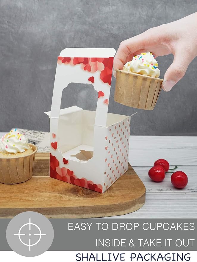 Valentine's Day Individual Cupcake Boxes 60 Pack with Window Single Cupcake Containers for Muffins, Chocolate Covered Strawberry for Wedding Favor Gift Cocoa Bomb Packaging with Inserts