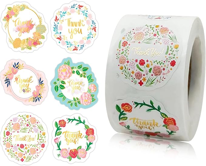 250Pcs Gold Floral Thank You Stickers, Cute 6 Styles 1 Inch Thank You Labels Self-Adhesive Envelope Seals Sticker for Packaging, Small Business, Wedding, Party (Gold Floral)