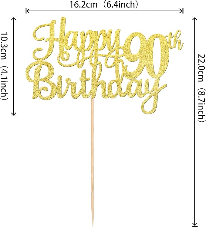 1 PCS Happy 90th Birthday Cake Topper Gold Glitter Cheers to 90 Years Birthday Cake Pick 90 Fabulous Cake Decoration for Happy 90th Birthday Theme Party Decorations Supplies