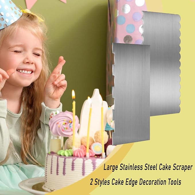 2 Pieces Stainless Steel Cake Scraper, 9 Inch Large Cake Smoother Scraper Contour Double Sided Patterned Edge Stripe Tool Pastry Cutter in 6 Patterns for Different Shapes of Comb Cake Edges Decoration