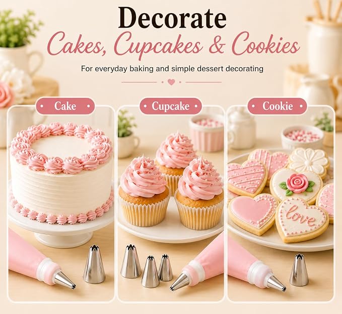 15 PCS Cake Decorating Supplies Set with 2 Reusable Superflex Piping Bags, 6 Stainless Steel Icing Tips, 3 Cake Scrapers, 2 Couplers and Ties for Beginners,Pink