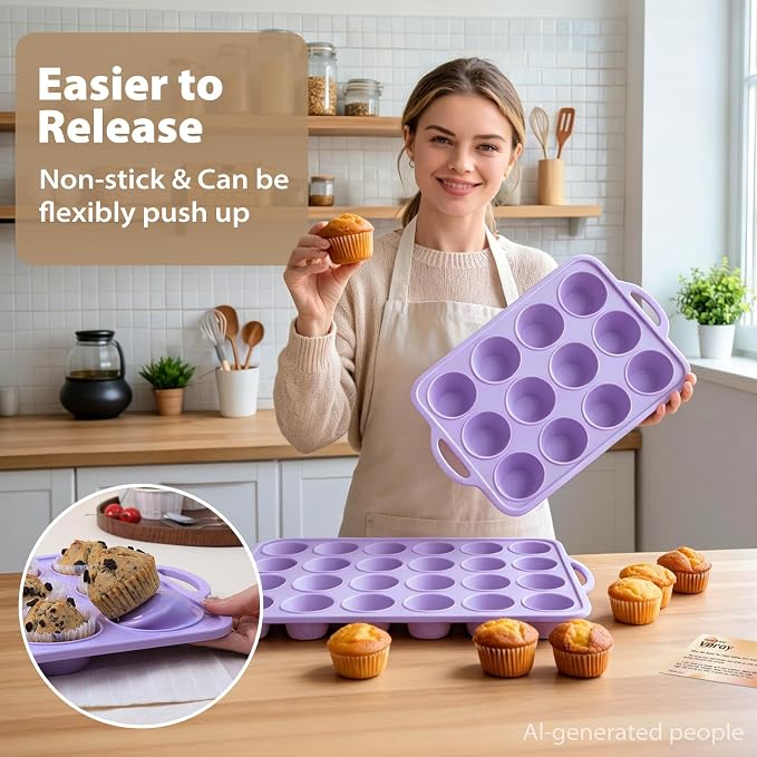 Silicone Muffin Pan Set: Non Stick 12 & 24 Silicone Muffin Pans for Baking Easy Release - Complete Shaping Each Use Avoid Re-baking - BPA-free Cupcake Tin Reinforced Frame for Oven Home Bakers