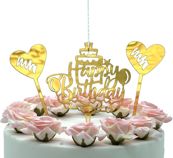 Happy Birthday Cake Candle Topper for Birthday Party Decorations, Acrylic Golden, 2 Hearts