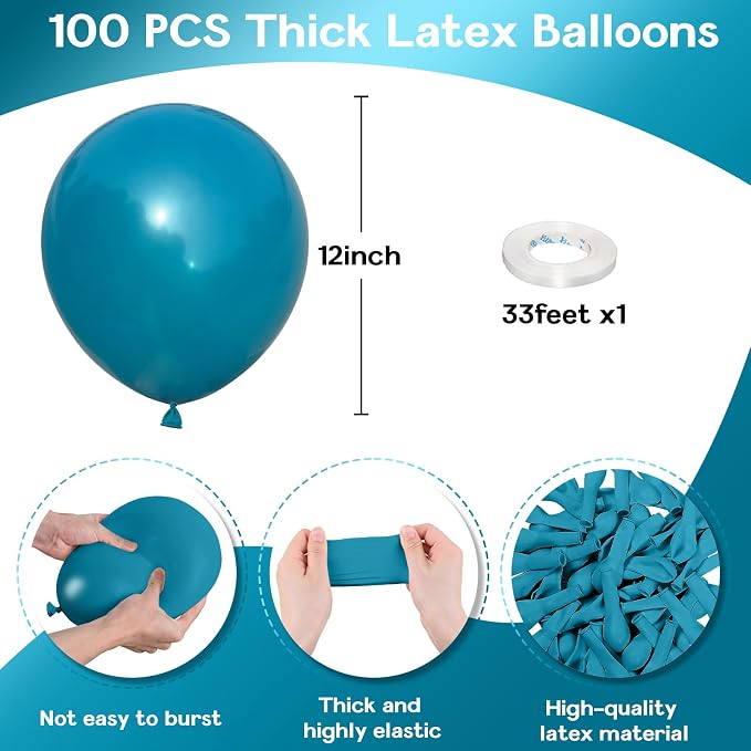 Jobkoo Peacock Blue Balloons 12 Inch, 100 Pack Turquoise Blue Balloon Teal Blue Latex Balloons Matte Dark Teal Aqua Blue Helium Balloons for Birthday Baby Shower Wedding Whale Theme Party Decorations