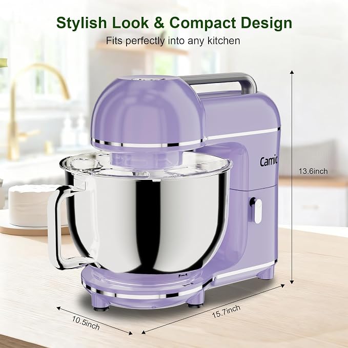 Camic Electric Stand Mixer,7.45 QT,10 Speeds with Dough Hook,Whisk, Flat Beater Attachments, Splash Guard, Easy-Carry Top Handle,3-IN-1 Kitchen Mixer for Baking Cakes Cookie Bread Salad (Purple)