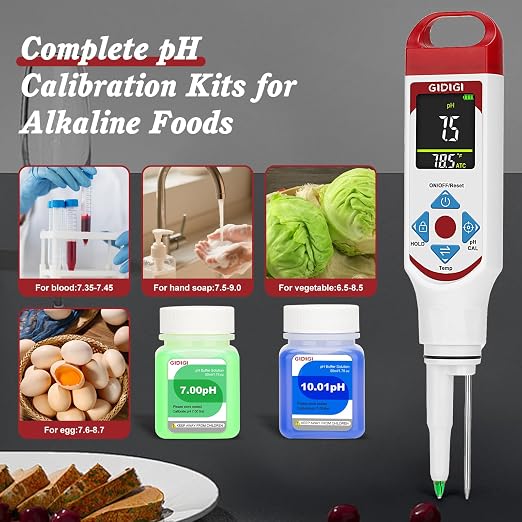 Food pH Meter with ATC, Spear Probe for Sourdough & Meat | Extended temperature electrode, color display, with calibration kit, for sourdough, kombucha, canning, sauce, cosmetic