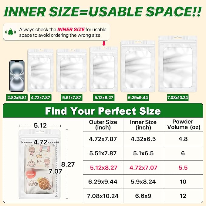 ANZNKU 100 PCS Resealable Mylar Bags with Frosted Clear Window Packaging Bags Foil Pouch Zipper Bag for Food Self Sealing Storage Supplies (5.12x8.27, White)