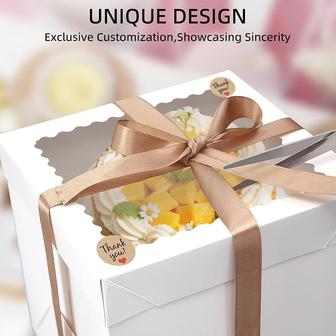 10 Pack Cake Boxes,Tall Cake Box with Window, White Bakery Boxes, 8x8x8 Inch Large Baking Boxes with Sticker, Cardboard Cake Box for Multi-Layer Cakes, Cake Decorating Supplies for Gift Giving