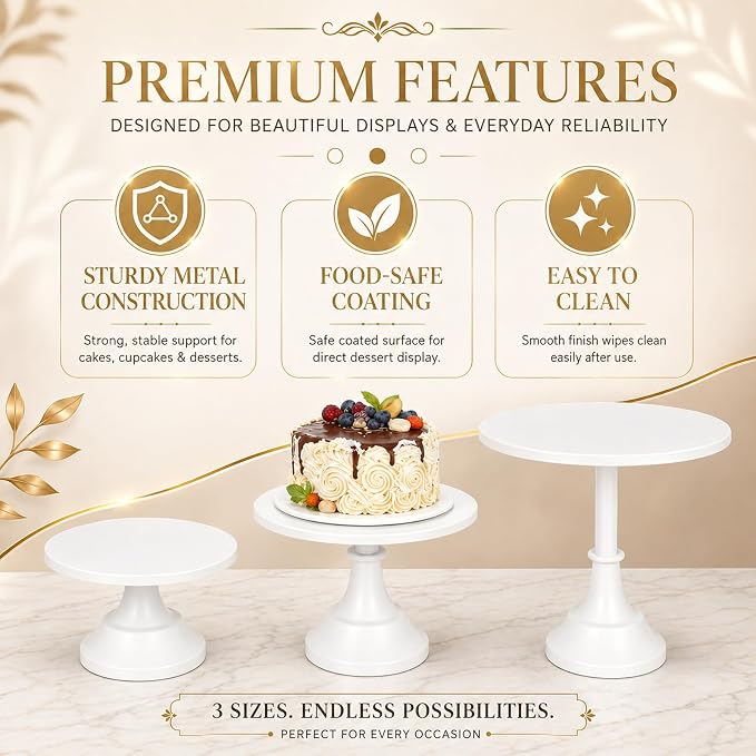 3 Pack Metal Cake Stand, 8 10 12 Inch Tiered Display | White finish, Pedestal base, Stackable setup, Wedding reception, Birthday party, Baby shower, Candy bar, Buffet table