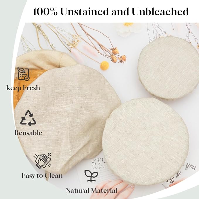 5 Pack Reusable Bowl Covers for Bread Proofing, 100% Pure Linen Bowl Covers 4/6/8/10/12 Inch, Elastic Lids for Sourdough, Dough Proofing and Food Storage
