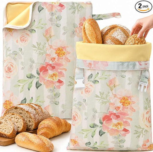 2 Pack Reusable Beeswax Bags for Sourdough Bread, 17"x 12", Floral | Bread Storage Bags with Zipper and Buckle, Wax-Lined Cotton-Linen Bags for Baguettes, Bagels, and Pastries