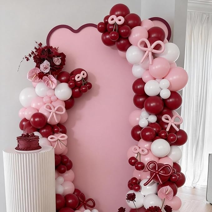 Pink and Red Balloon Arch Kit, Double Stuffed Balloons and Bows for Retro Soda Theme Baby Shower Coquette Cherry Themed Birthday Wedding Romantic Valentines Party Decorations
