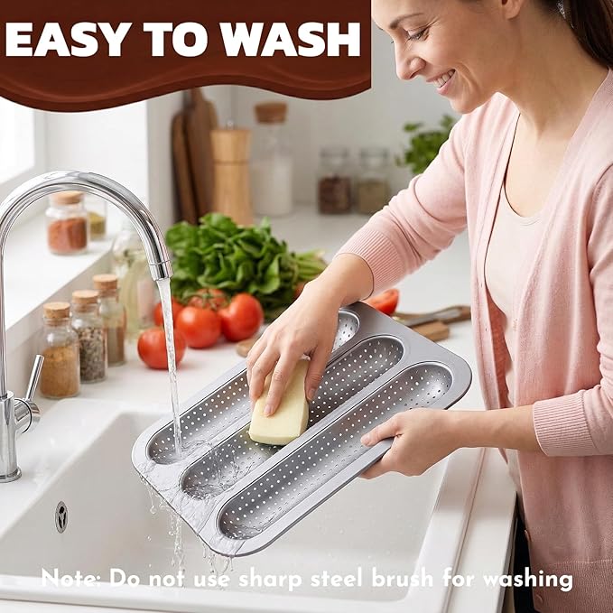 ZOOFOX 2 Pack Nonstick Perforated Baguette Pan, 3-Slot French Bread Baking Pan, Carbon Steel Baguette Tray for Professional and Home Baker, Sourdough, Italian Bread Baking