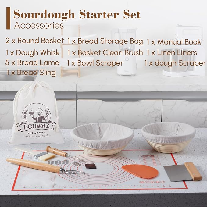 17 Pieces Banneton Bread Proofing Basket Set - 9 and 10 inch Round Sourdough Bread Proofing Baskets - A Complete Bread Making Kit, Danish Whisk, Bowl Scraper, Dough Scraper, & Bread Lame