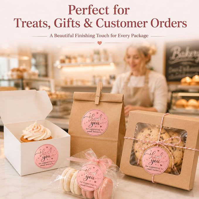100PCS Thank You for Supporting My Small Business Stickers, Pink Rose Foil Labels for Boutique Packaging, Bakery Boxes, Dessert Treat Bags, Shipping Mailers, Handmade Sellers & Small Shops.1.6 inch