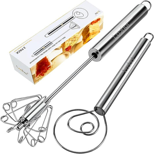 Danish Dough Whisk & Egg Whisk Set for Sourdough Bread, 2PCS Bread Dough Mixer for Sourdough, Pizza, Batter, Eggs & Cream, Heavy Duty Baking Whisks, 12-Inch