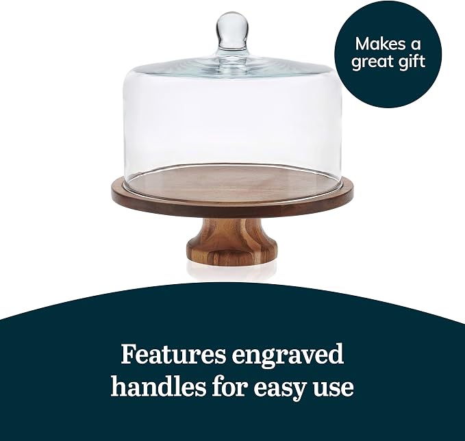 Libbey Acacia Wood Cake Stand with Lid, Footed Cake Stand With Cover, Durable Ball Top Handle Glass Dessert Dome