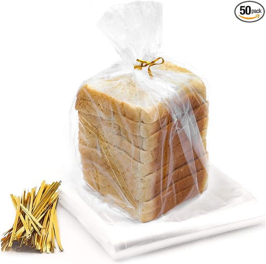 Reusable Bread Bags with Ties - 50 Clear Bags and 50 Ties, Adjustable for Homemade Bread and Bakery Loaf