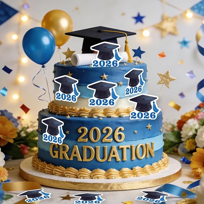 42pcs Edible Graduation Cap Cupcake Toppers Wafer Paper Blue Class of 2026 Cake Decorations Edible Grad Cap Cupcake Picks for 2026 Graduation Theme Party Cake Decor Supplies
