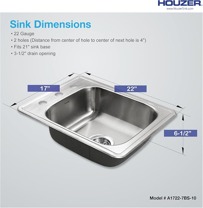 Houzer Glowtone ADA Compliant Stainless Steel Kitchen Bar & Prep Sink - 17 Inch Drop-In Topmount 3-Hole Large Sink, Durable & Versatile, Nested 40-Pack - A1722-7BS-40