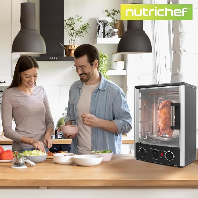 Nutrichef Vertical Countertop Oven with Rotisserie, Bake, Broil, & Kebab Rack Functions - Adjustable Settings - 2 Shelves - 1500W - Thanksgiving Turkey - Includes Grill, Kebab skewer racks & bake pan