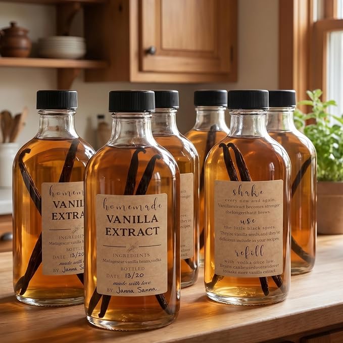 48 Pack Vanilla Extract Labels, 1.5×2 Inch Square Bottle Labels Homemade Ingredients Label Stickers for Handcrafted Vanilla Bottles,Jar Kitchen Pantry