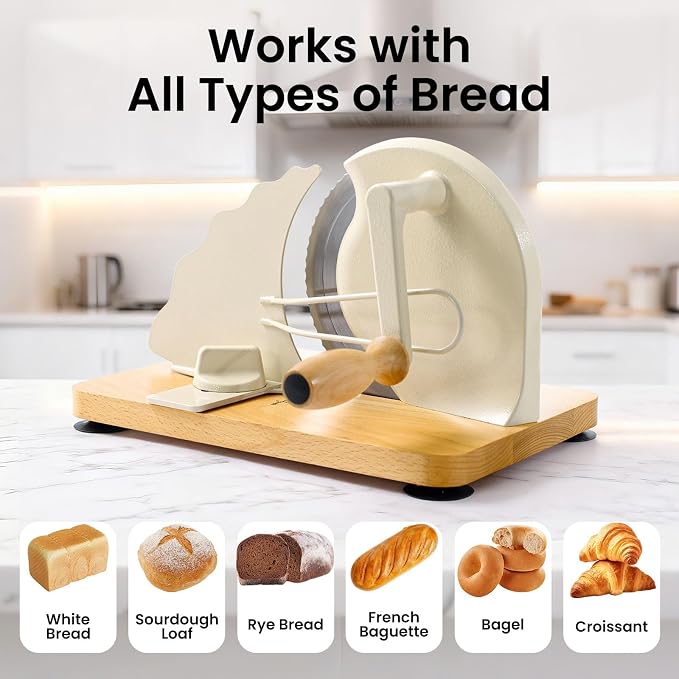 Manual Bread Slicer for Homemade Bread, Bread Cutter for Adjustable and Even Slices, Classic Hand Crank Sourdough Slicer with Scale Line & Powerful Suction Cup, Sharp Stainless Steel Blade (Cream)