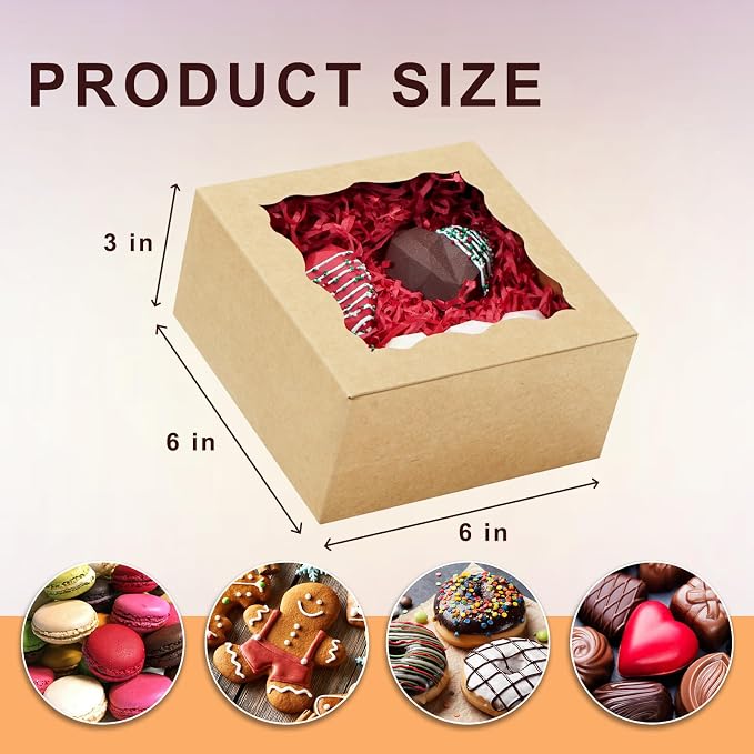 XINHPKGG 50 Pack Cookie Boxes 6x6x3 Inch Bakery Boxes with Window Treat Box Dessert Box for Macaron Mini Cake Chocolate Covered Strawberries Pastry -Brown
