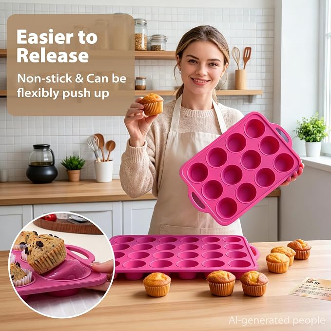 Silicone Muffin Pan Set: Non Stick 12 & 24 Silicone Muffin Pans for Baking Easy Release - Complete Shaping Each Use Avoid Re‑baking - BPA-free Cupcake Tin Reinforced Frame for Oven Home Bakers