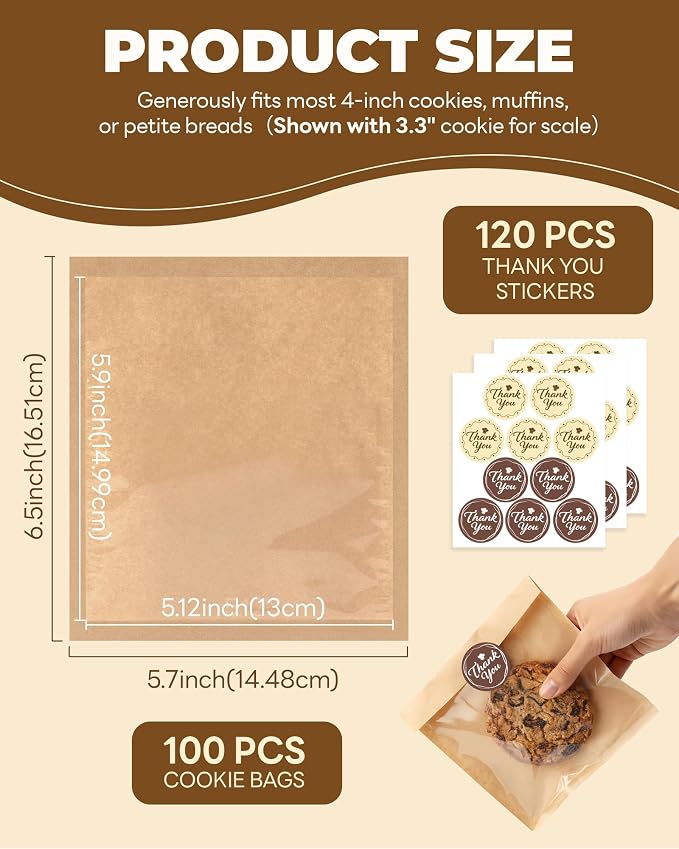Bake Choice 100PCS Cookie Bags with Seal, 5.7x6.5 Inch Individual Cookie Packaging Bags for Gift Giving, Heat Sealable & Grease Proof Bakery Bag with Window, Baked Goods Packaging