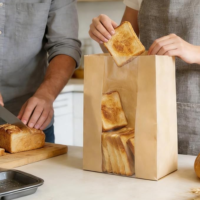 16"X10"X5" Extra Large Paper Bread Bags for Homemade Bread with Window & Sticker for xl Sourdough Bread, Very Wide Bread Loaf, Baked Goods, Packaging for Gifting - Brown Kraft 50Pcs