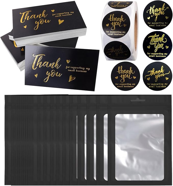 620pcs Thank You Business Cards & Stickers Set - Gold Foil, 100 Cards, 500 Stickers, 20 Resealable Bags (Black)