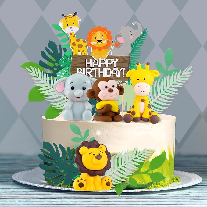 36 Pcs Safari Cake Topper Leaves Cake Decorations Elephant Birthday Cake Toppers Jungle Animals Cakes Toppers Woodland Animal Tiger Lion for Party Baby Shower Birthday Supplies